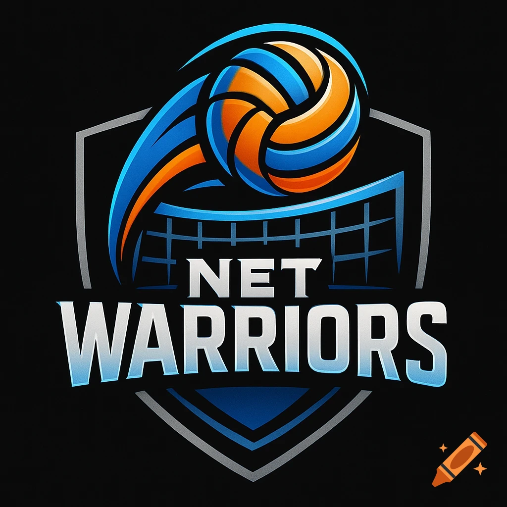A stylized logo for the 'Net Warriors' volleyball team, featuring an orange and blue volleyball over a net, enclosed by a shield shape.