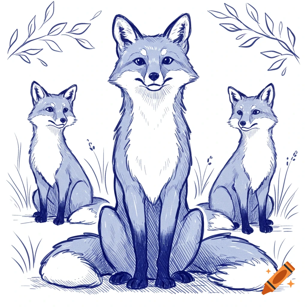 Three cute blue ink sketch cartoon foxes sitting in a grassy clearing with branches.