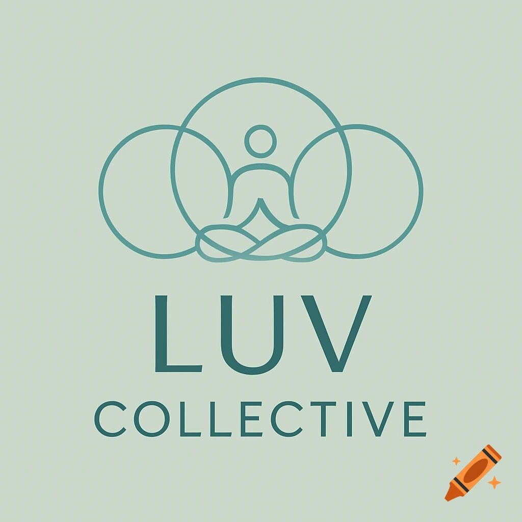 A minimalist teal logo on a light green background, featuring a meditating figure symbol with circles above the text 'LUV COLLECTIVE'.