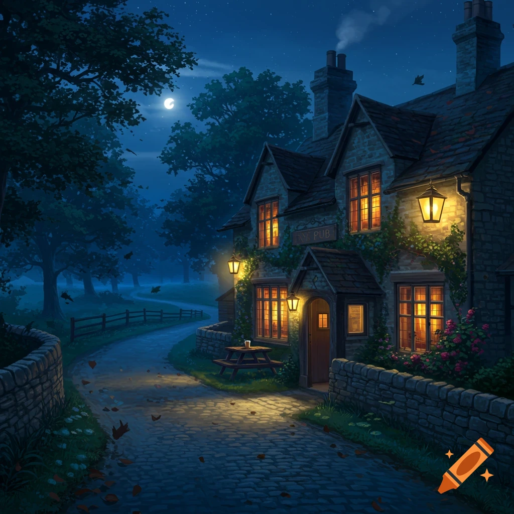 A charming English pub at night with glowing windows, a winding cobblestone path, and a full moon in a dark blue sky.