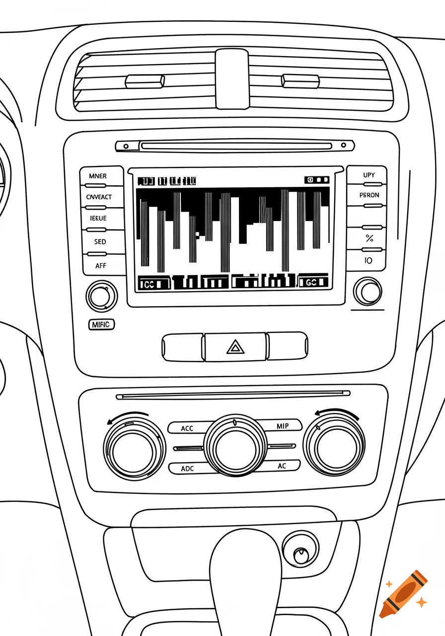 A simple outline drawing of a car radio and dashboard with the display screen showing static bars.