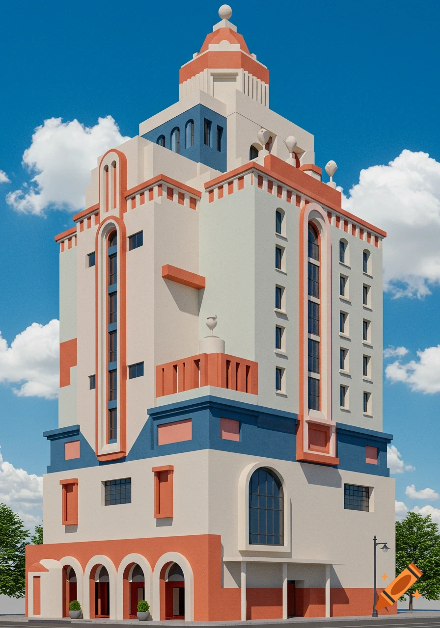A tall postmodern building with cream, orange, and blue sections under a bright blue sky with clouds.