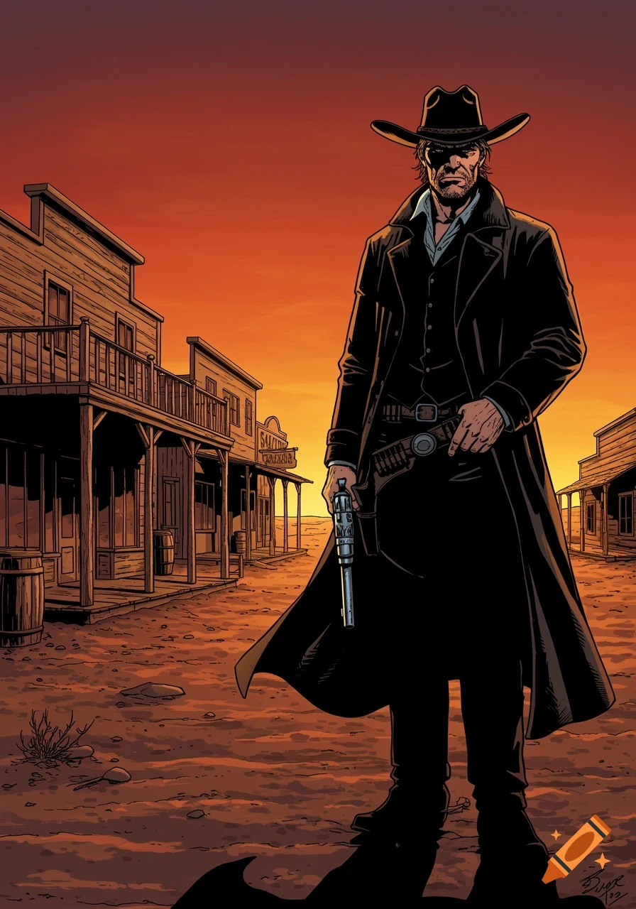 A comic book style illustration of a stern cowboy holding a revolver in a dusty Western town at sunset.