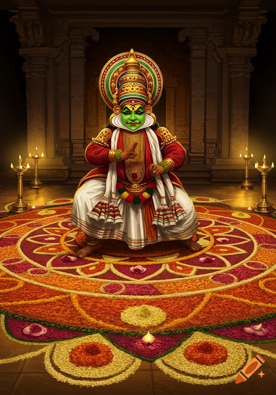 A Kathakali performer with green face paint and elaborate costume stands on a colorful floral rangoli in a dimly lit temple setting.