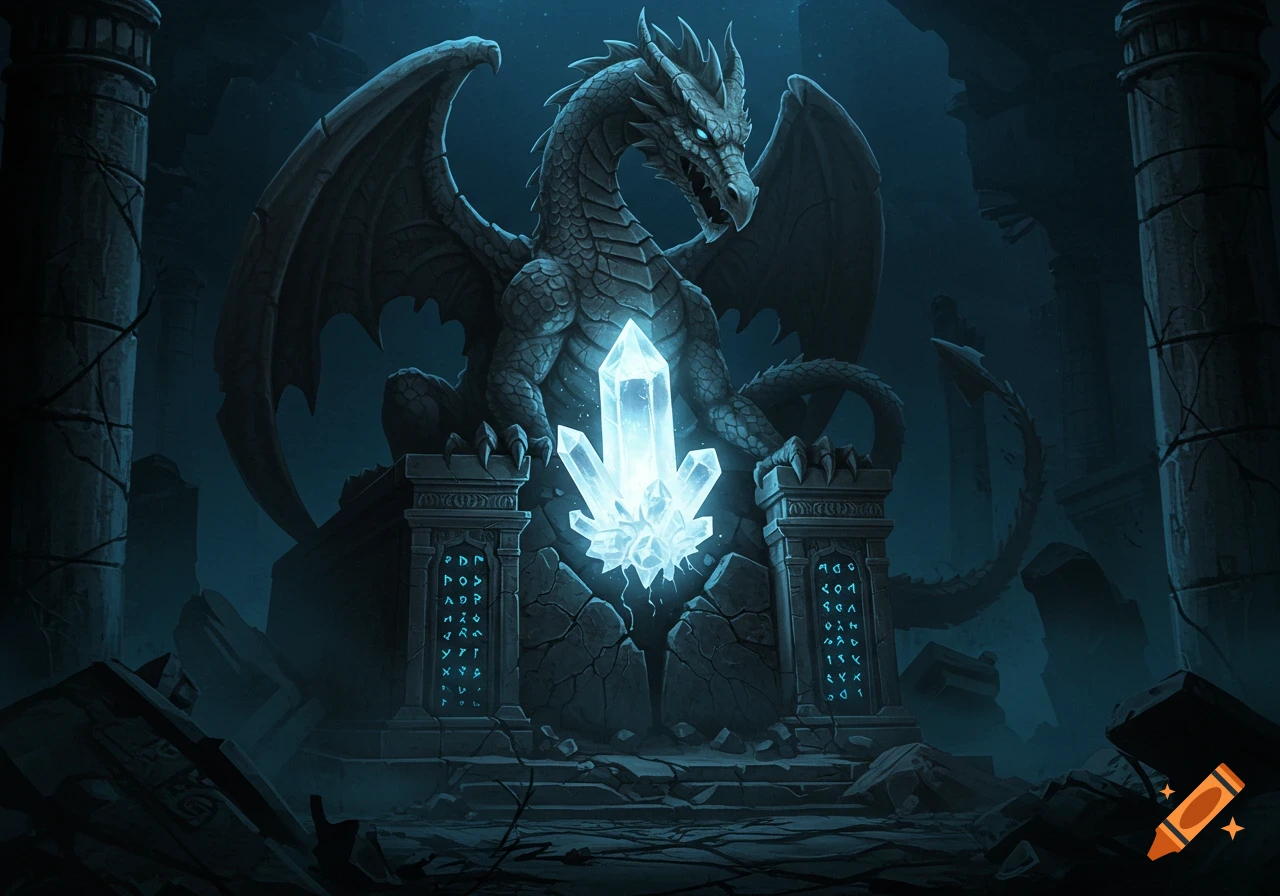 A giant stone dragon statue guards a glowing blue crystal on a pedestal in dark, ruined temple with glowing runes.