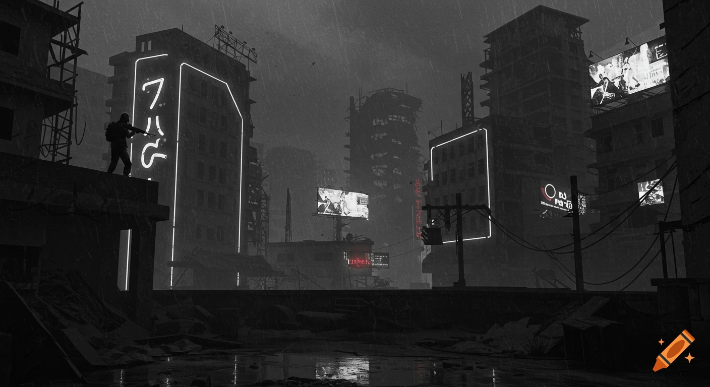 A dark, rainy, monochromatic image of a dilapidated city with a soldier on a rooftop overlooking neon-lit buildings.