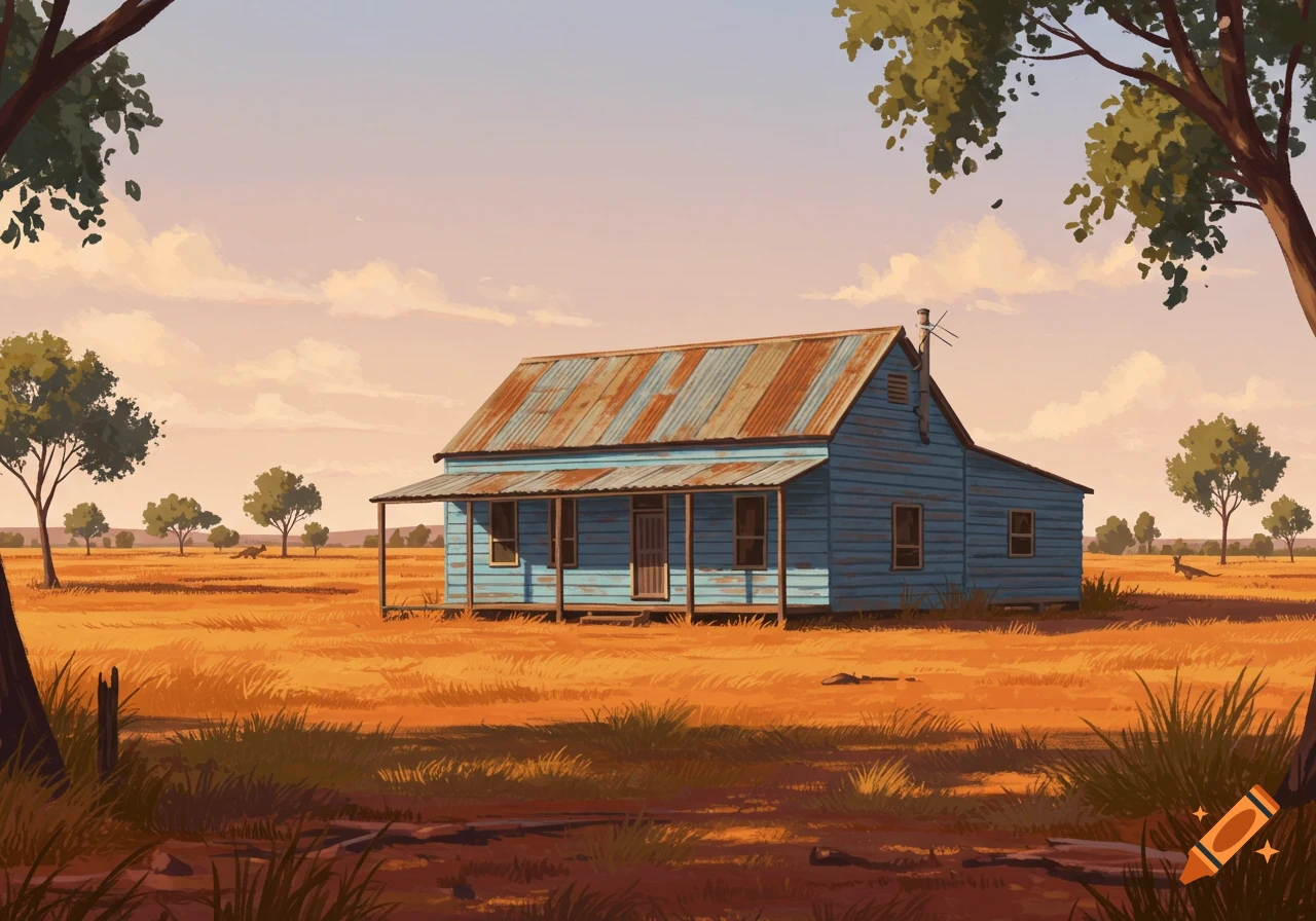 An old, blue house with a rusty tin roof sits in a vast, dry, golden field under a pastel sky, with scattered trees and kangaroos in the distance, in an illustrative style.