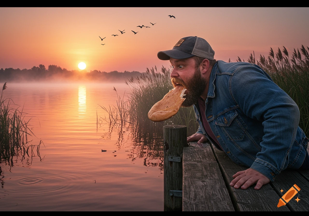 A bearded man leans over a wooden dock, appearing to bite into it with a giant piece of bread resembling a tongue, set against a serene lake at sunrise with mist and birds in the sky.
