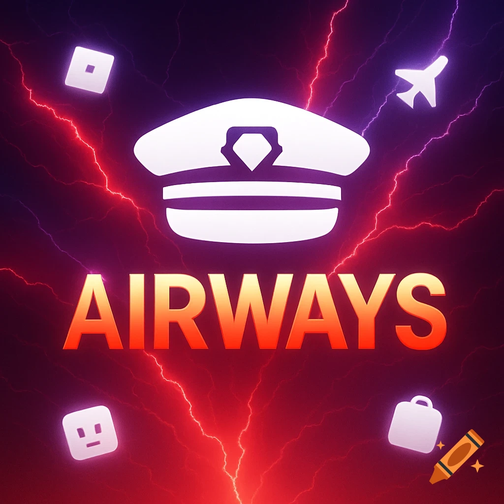 A white pilot hat, white airplane, Roblox-like square, luggage, and face icons surround red-orange text "AIRWAYS" on a dark background with red and purple lightning.