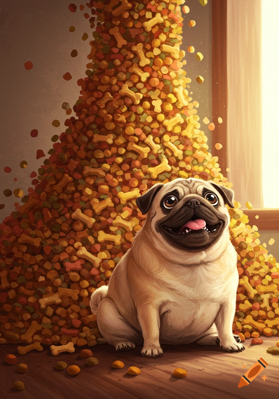 A happy pug dog sits smiling next to an enormous pile of colorful dog kibble and bone treats in a sunlit room, digital art.
