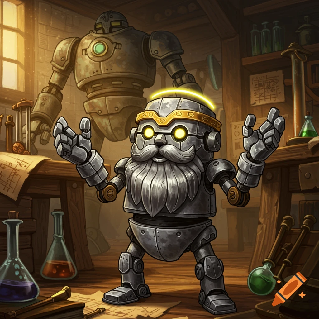 A charming metal autognome with a beard and glowing halo stands in an arcane workshop, with a towering steel robot behind it.