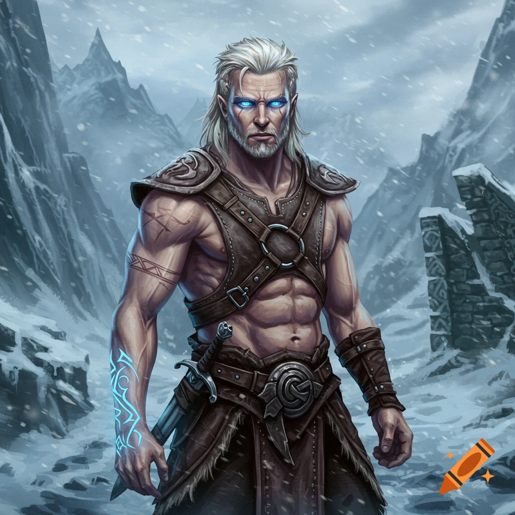 A formidable male warrior with white hair, glowing blue eyes, and leather armor stands in a snowy mountain landscape.