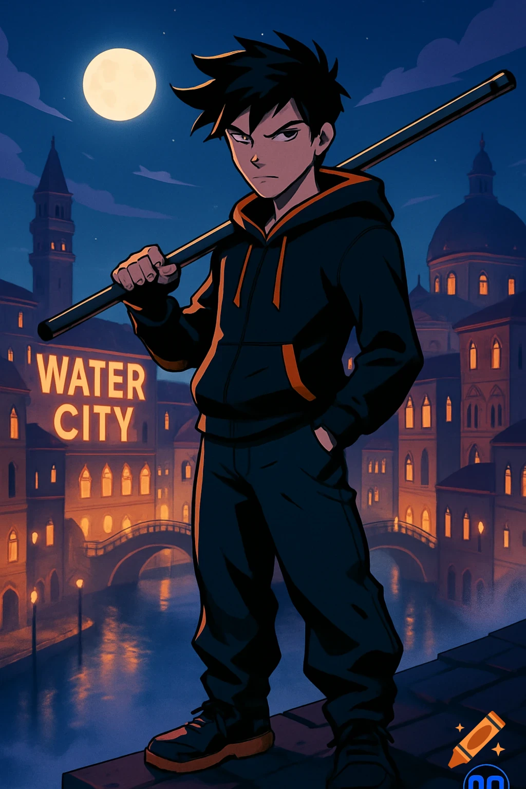 A stylized anime boy with a serious expression stands on a rooftop at night, holding a pole over his shoulder, overlooking a glowing canal city under a full moon.