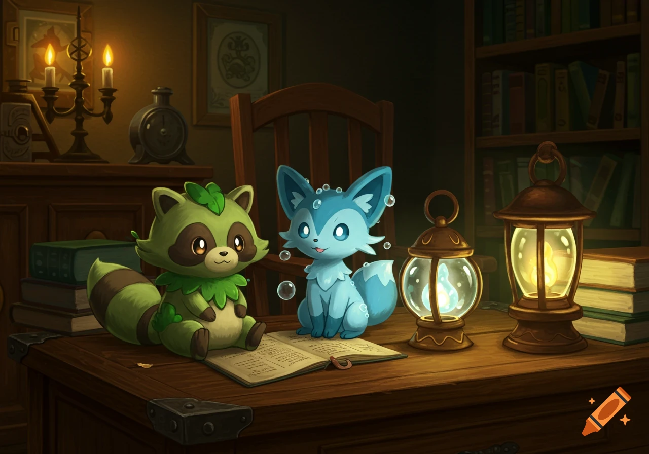 An anime-style illustration of a green raccoon-like creature and a blue fox-like creature sitting on a wooden table in a dimly lit, cozy room with lanterns and a bookshelf.