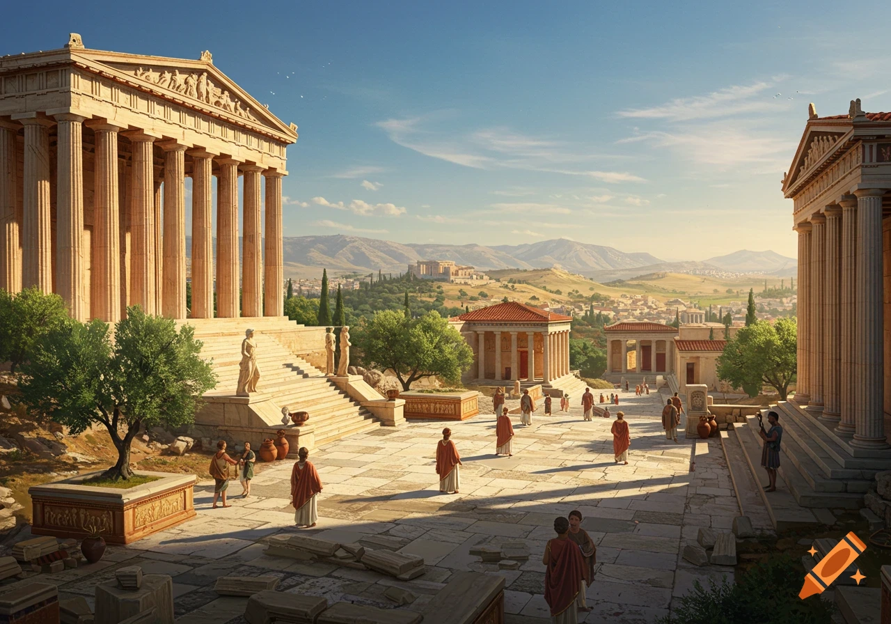 A photorealistic depiction of a grand ancient Greek city with temples, citizens, and distant hills under a clear sky.