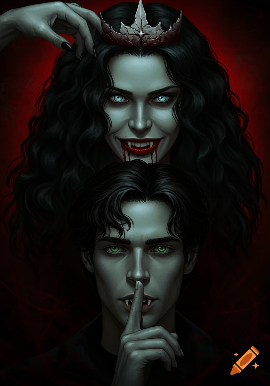 Dark gothic illustration of a vampire woman with blood dripping from her mouth holding a crown over a shushing vampire man.