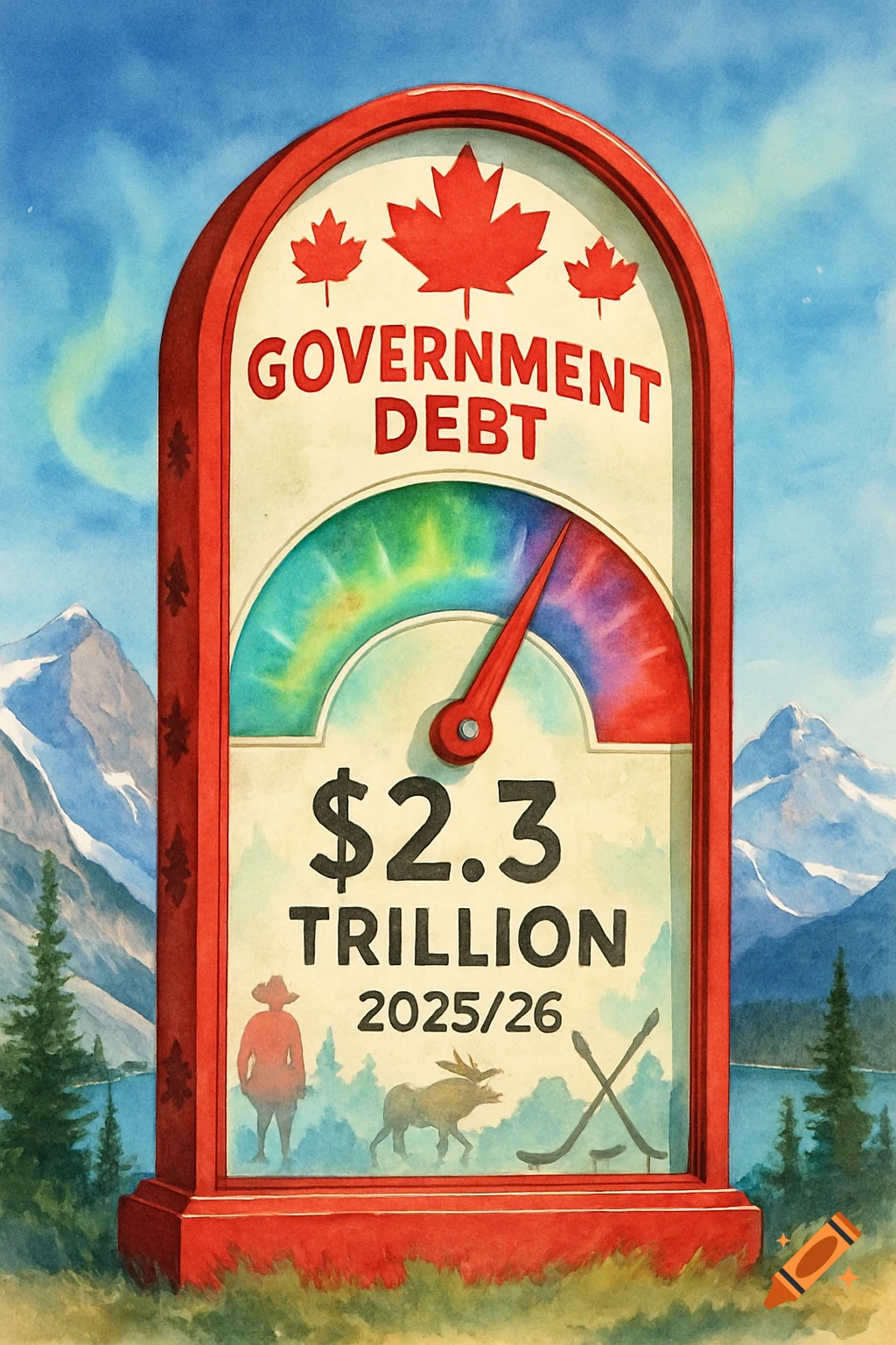 Watercolor meter for Canada's 'GOVERNMENT DEBT' at '$2.3 TRILLION 2025/26' with maple leaves, mountains, and aurora.