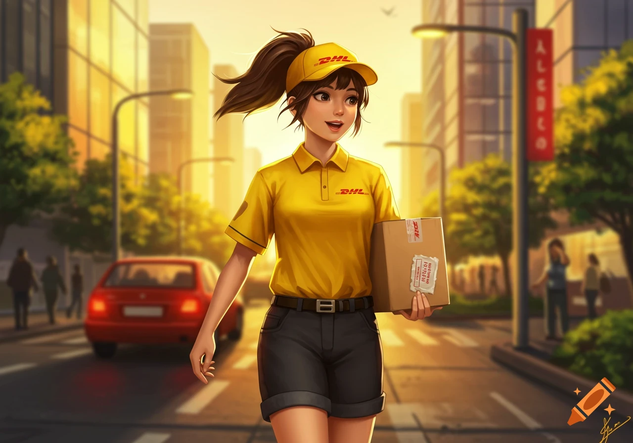 A smiling anime-style young woman in a yellow DHL uniform and cap walks down a sunny city street holding a package.