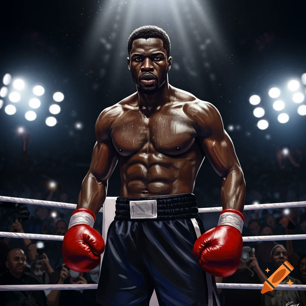 A muscular Black boxer stands powerfully in a brightly lit boxing ring, wearing red gloves and black shorts.