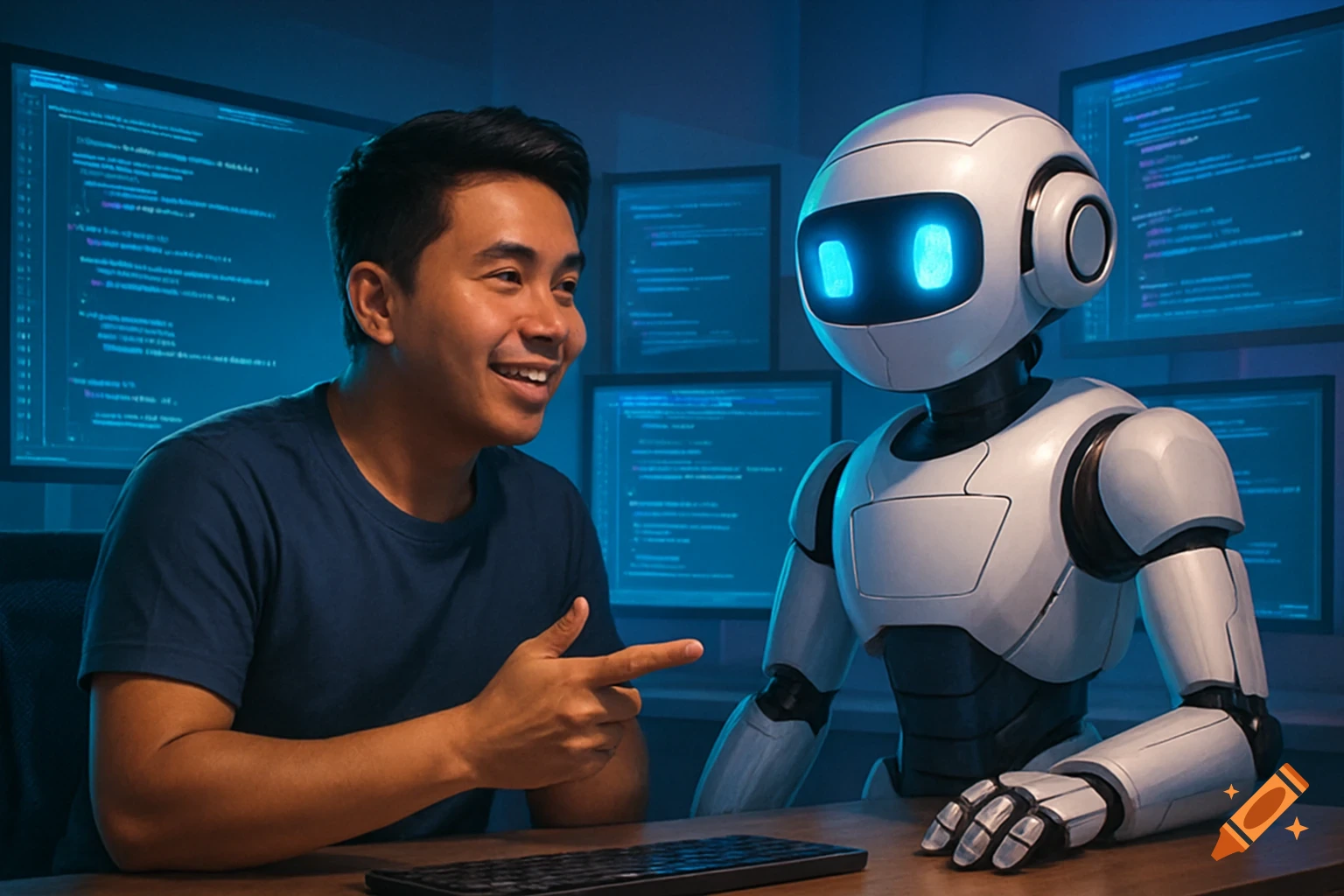 A smiling Filipino developer points at a white robot at a desk with multiple coding screens behind them. Photorealistic.
