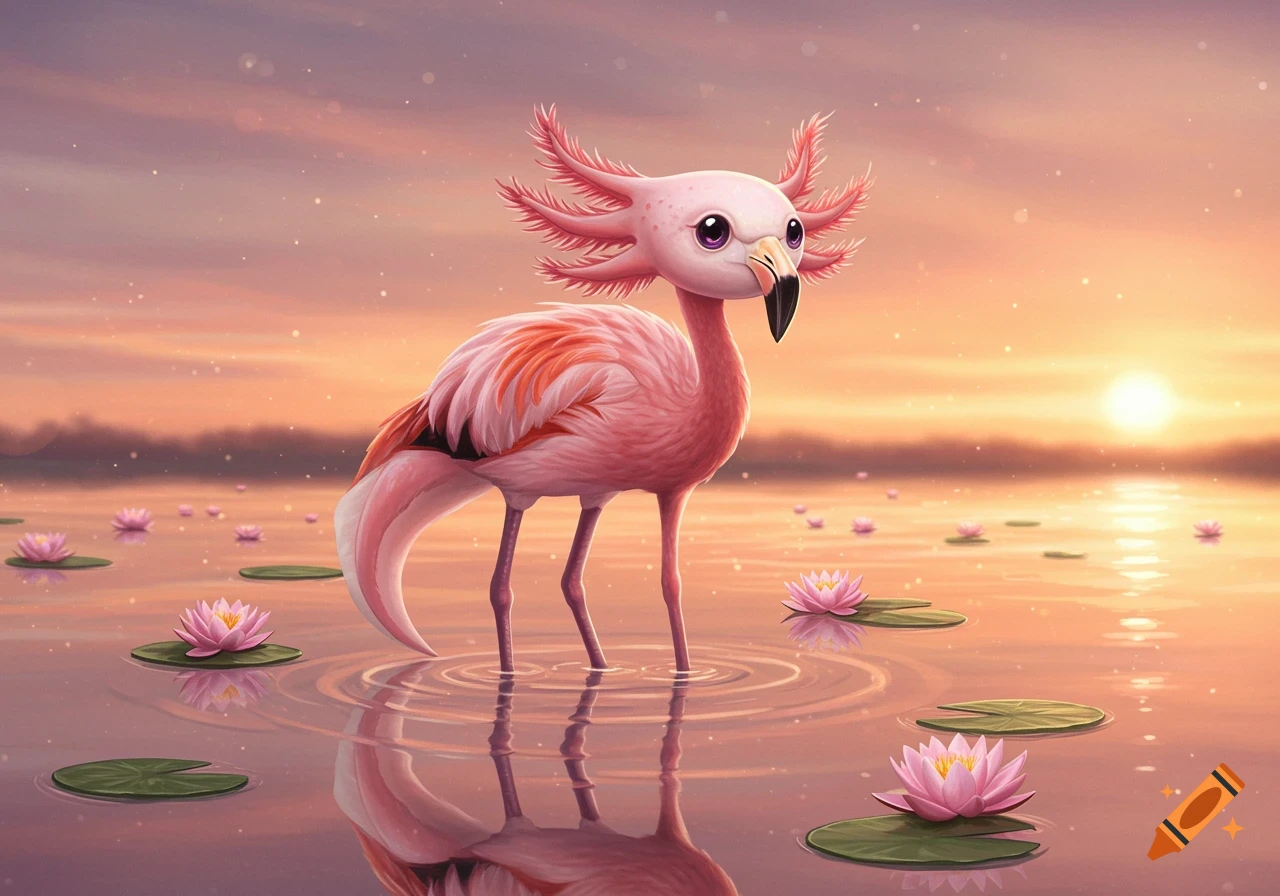 A whimsical pink axolotl-flamingo hybrid stands in a shallow lake with lily pads and lotus flowers, under a vibrant sunset.