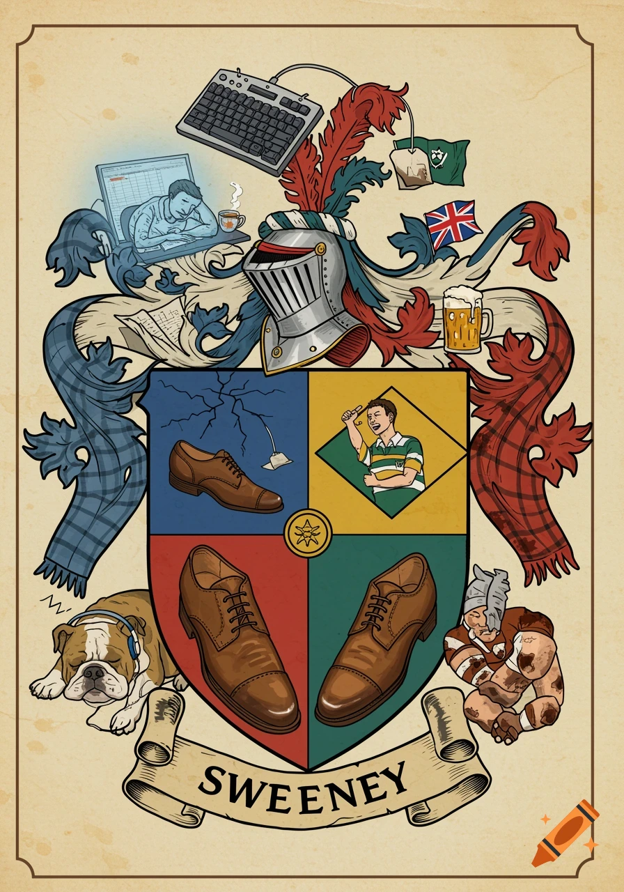 A colorful, cartoon-style personal crest with a shield quartered into scenes: a man asleep at a computer, a man watching rugby, and two brown shoes. It features a knight's helmet, keyboard, tea, beer, bulldog, and rugby player, with 'SWEENEY' on a banner below.