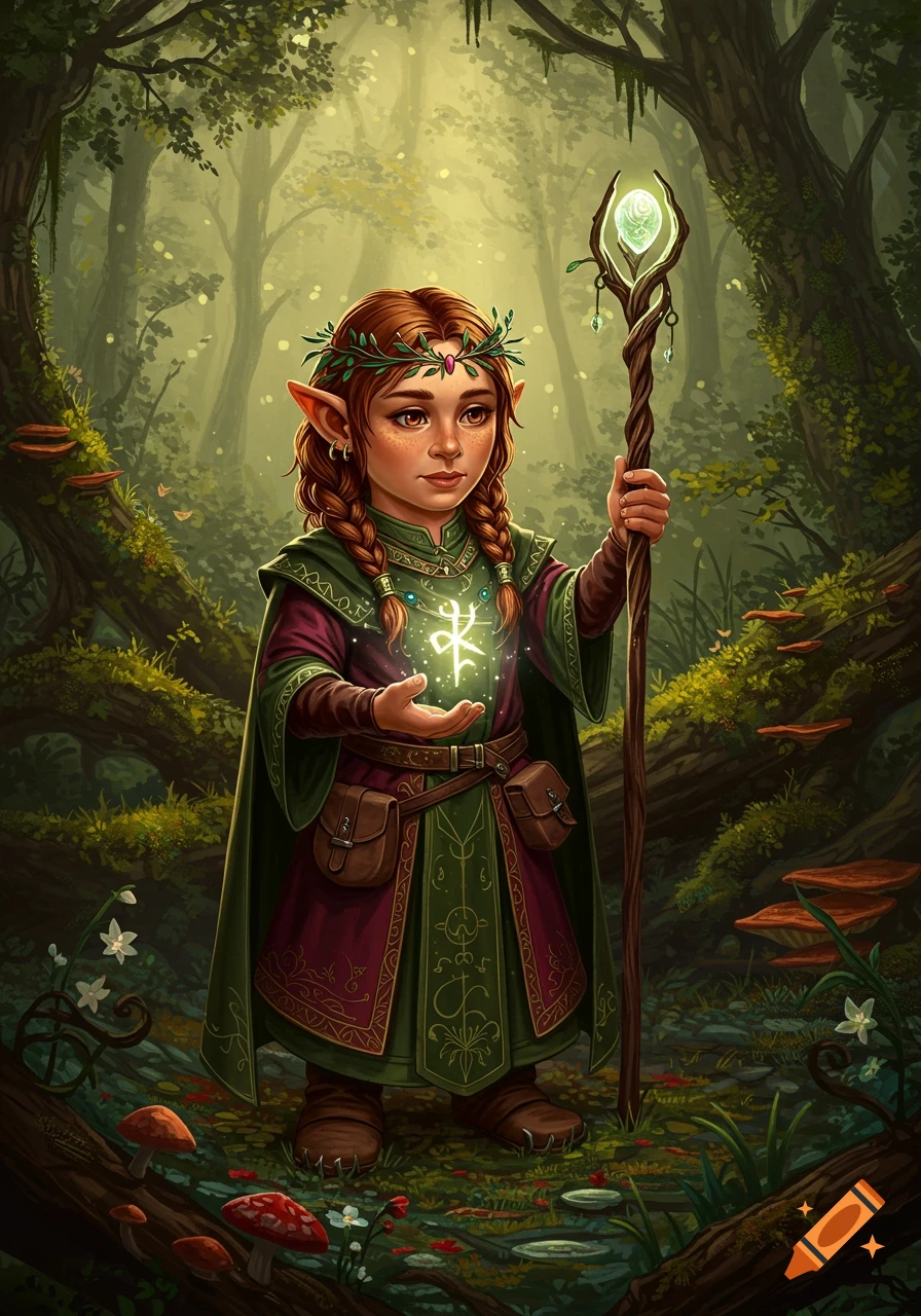A fantasy gnome cleric with braided red hair and a leaf crown stands in an enchanted forest, holding a staff and glowing magic.