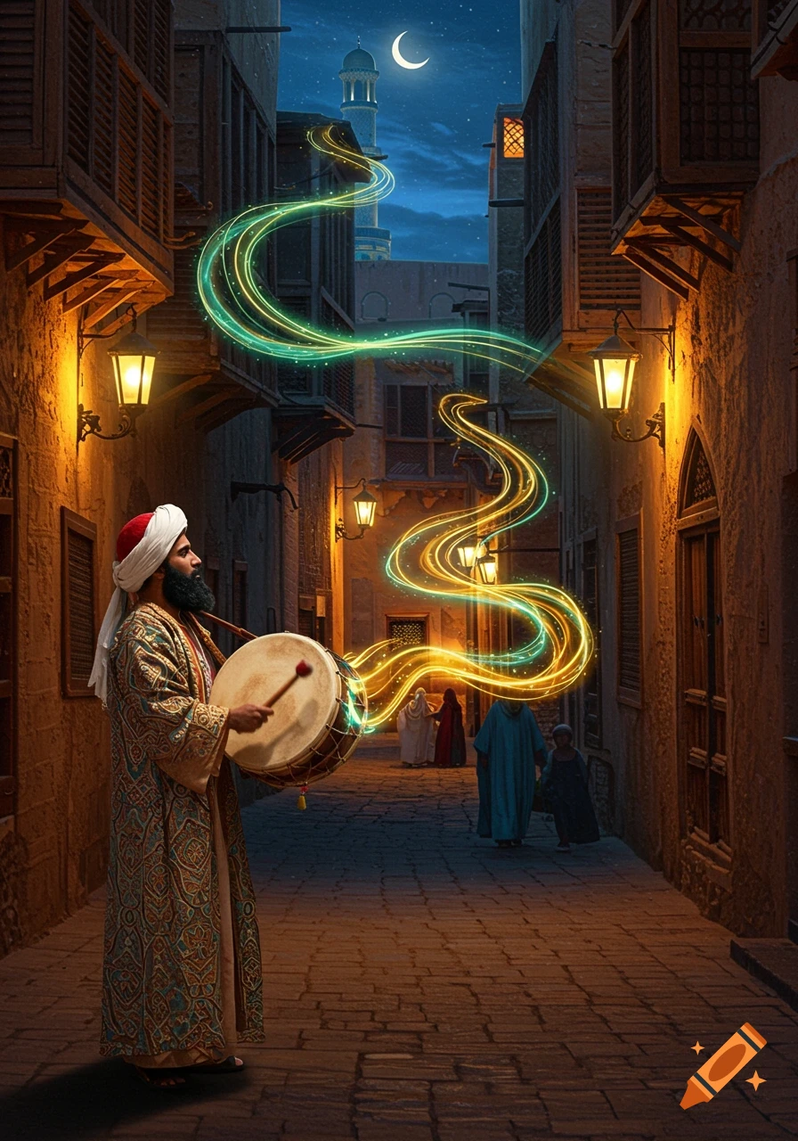 A man in traditional attire plays a drum in a narrow, lantern-lit alley at night, with glowing green and gold lines emanating from the drum.