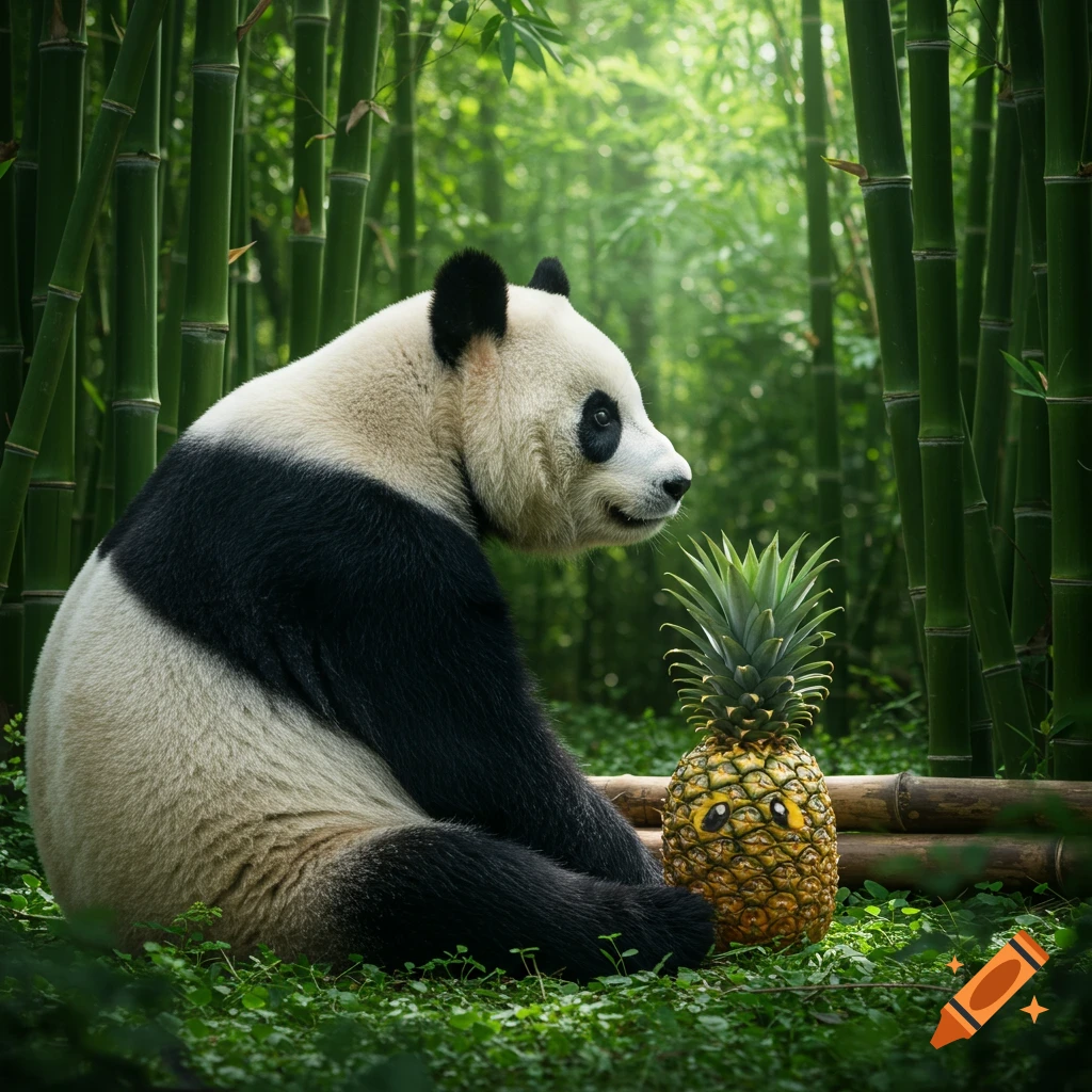 A fluffy panda sits in a bamboo forest, looking intently at a smiling anthropomorphic pineapple next to it.