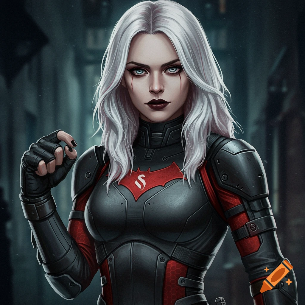 A white-haired woman with pale skin and dark makeup wears a black and red tactical suit with a stylized 'S' emblem on the chest. She has fingerless gloves.