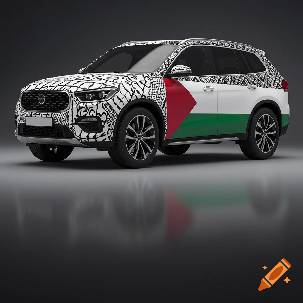 A photorealistic image of an SUV with car wrapping featuring the Palestinian flag and a black and white Kufiya pattern.