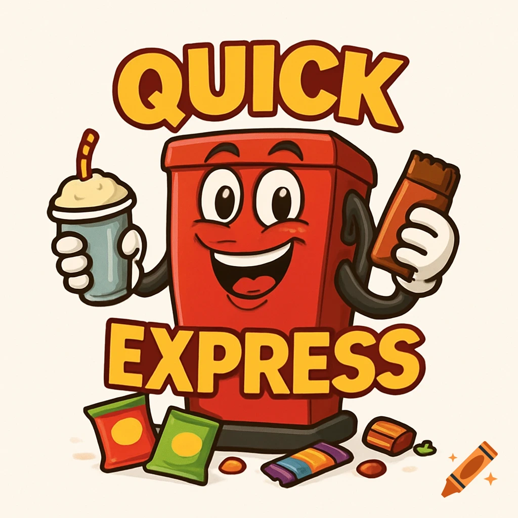 A cute, smiling red gas pump cartoon mascot holds a soda and candy bar, standing between the bold yellow words 'QUICK' and 'EXPRESS', with colorful snacks below.