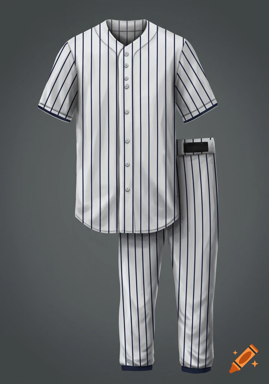 A white baseball jersey and pants with dark blue pinstripes on a gray background.