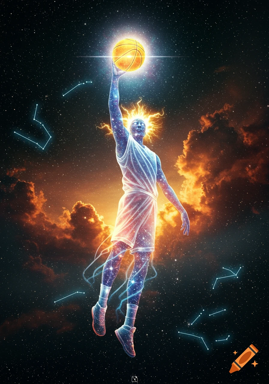 A cosmic basketball player, glowing with stars, dunks a golden ball amidst fiery clouds and constellations in space.