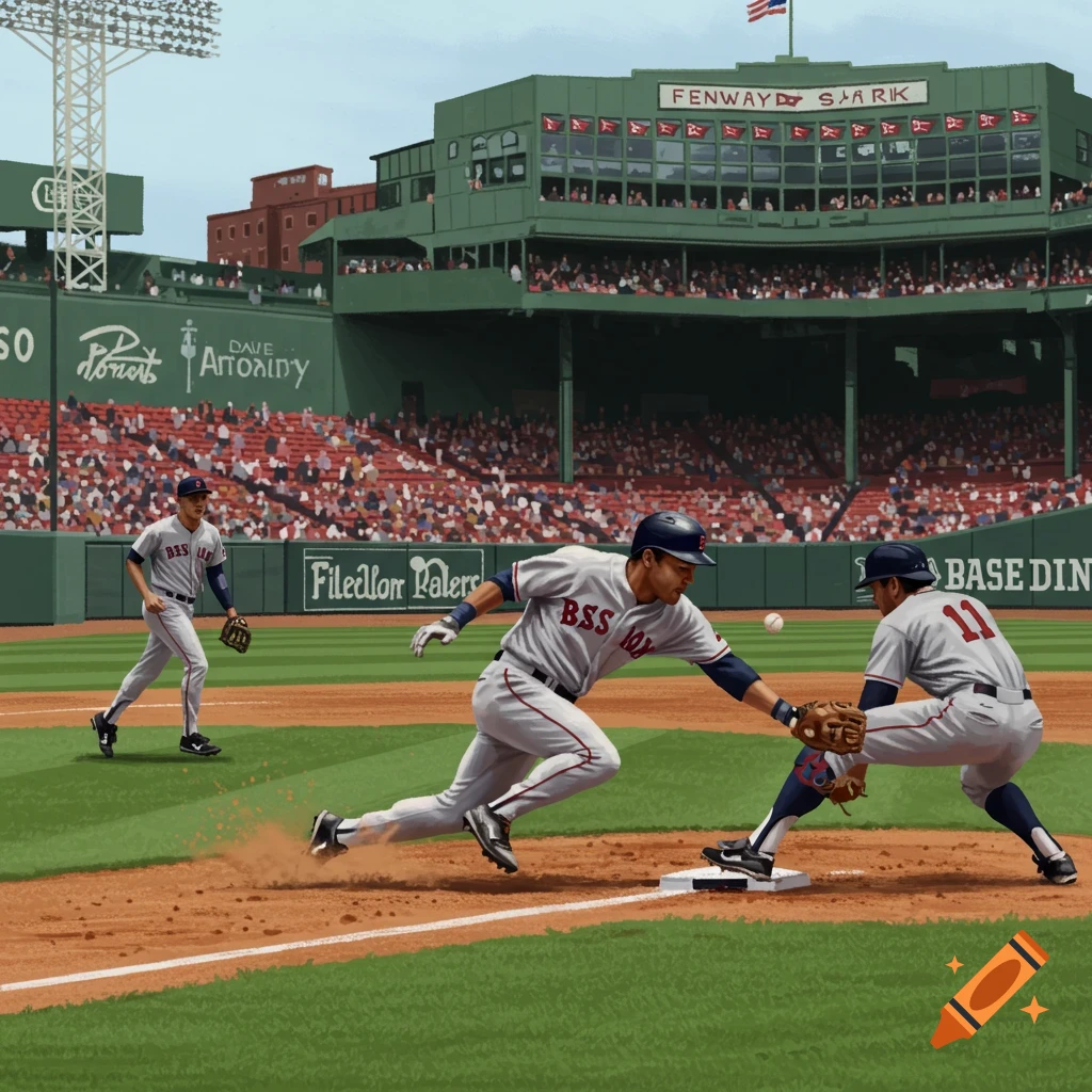 A baseball player slides into second base as another player covers the base, with a third player in the background at a stadium resembling Fenway Park under a clear sky.