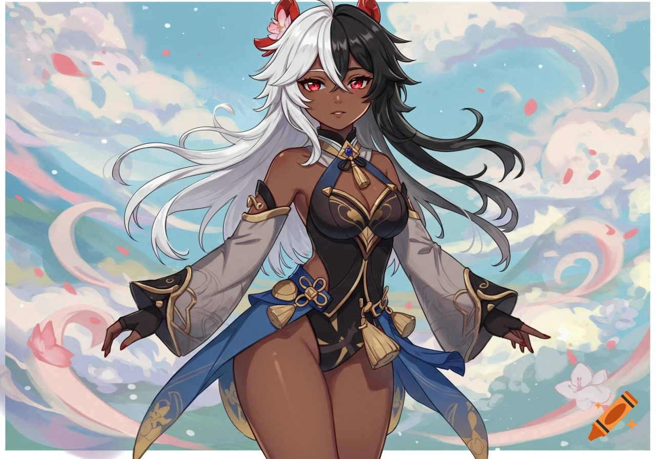 An anime character with split black and white hair and red eyes, wearing an ornate black, gold, and blue outfit, against a pastel cloudy sky.