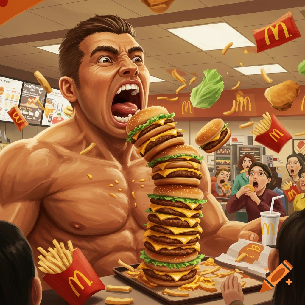 A muscular man with a wide-open mouth about to eat a towering stack of burgers at McDonald's, as shocked onlookers react.