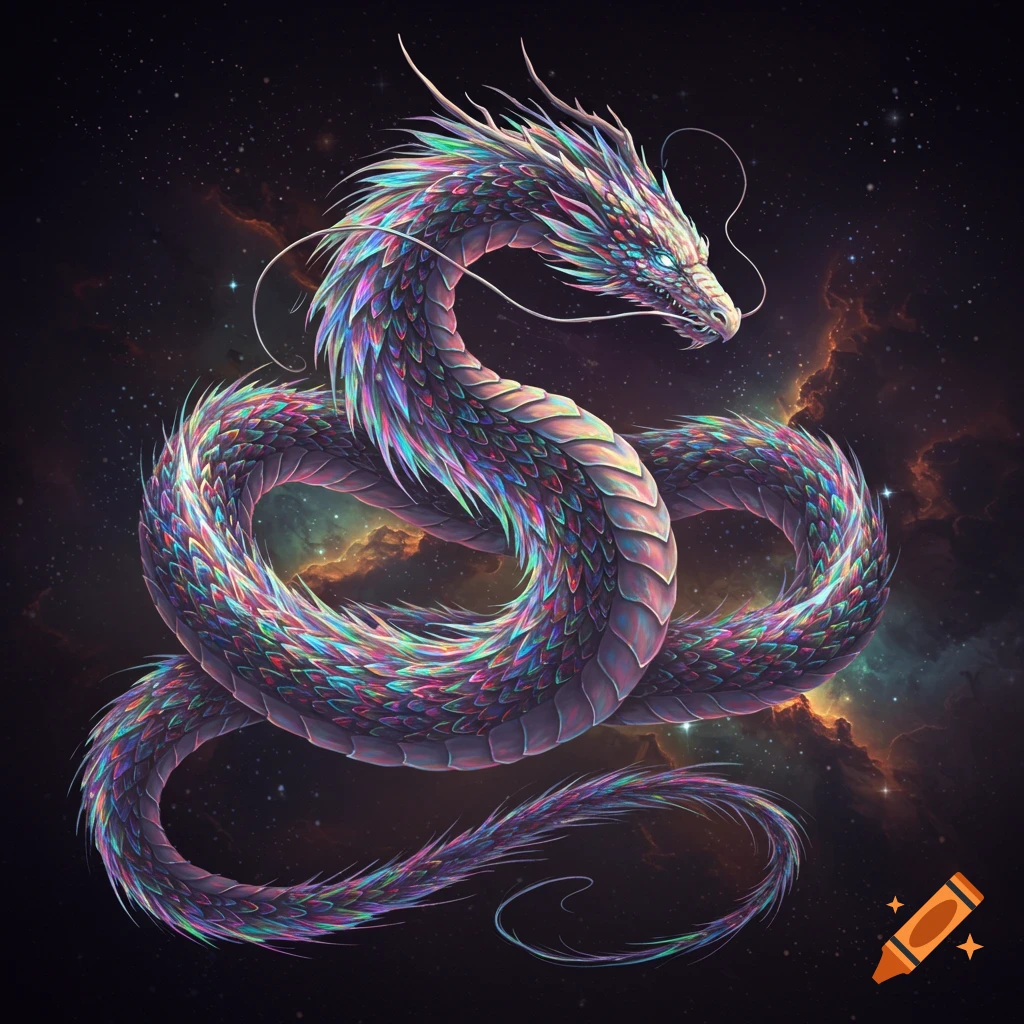 A vibrant, iridescent dragon with shimmering scales coiled against a dark cosmic background of stars and nebulae.