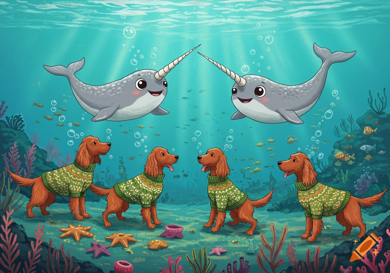 Two cute cartoon narwhals swim above four Irish setters in green sweaters in a vibrant underwater scene with fish and coral.