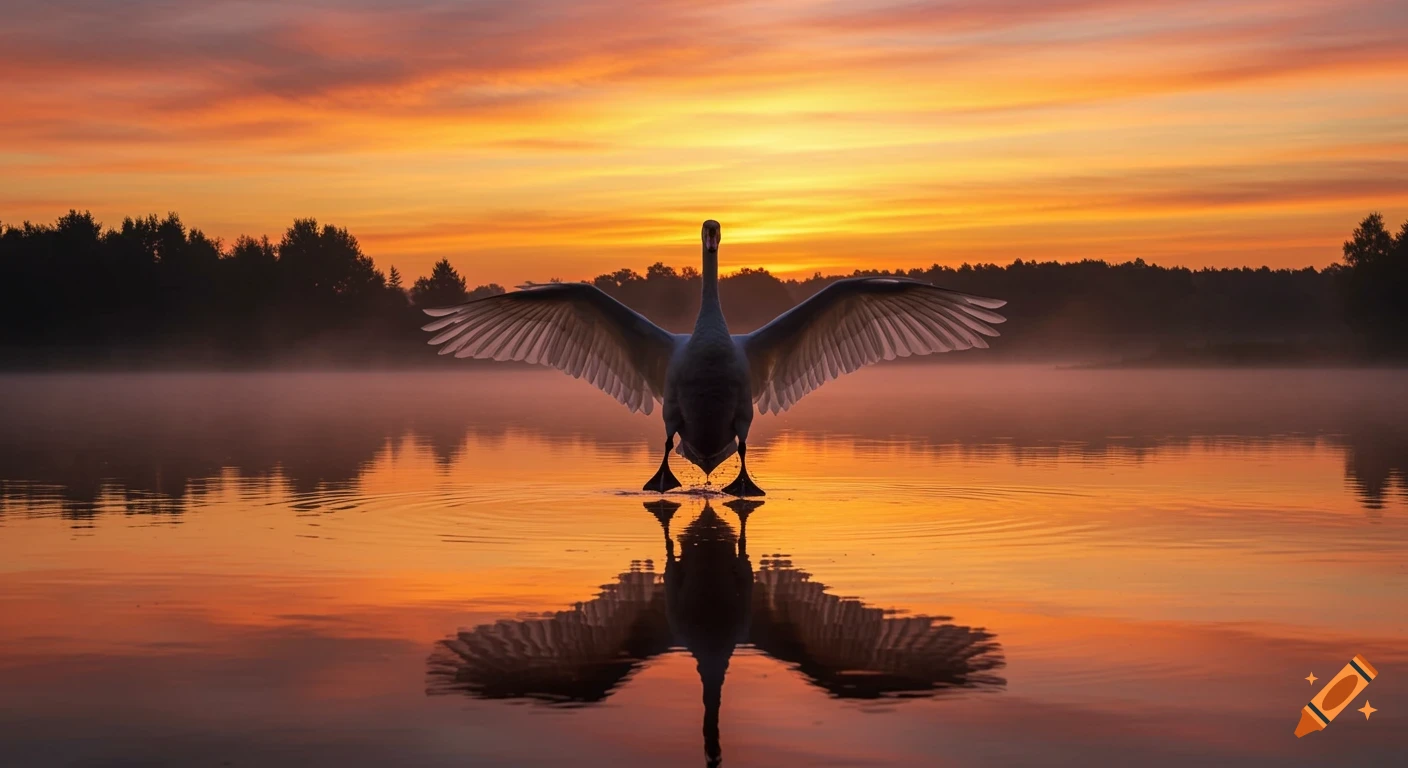 A swan with outstretched wings stands in a misty lake, silhouetted against a vibrant orange and yellow sunrise.