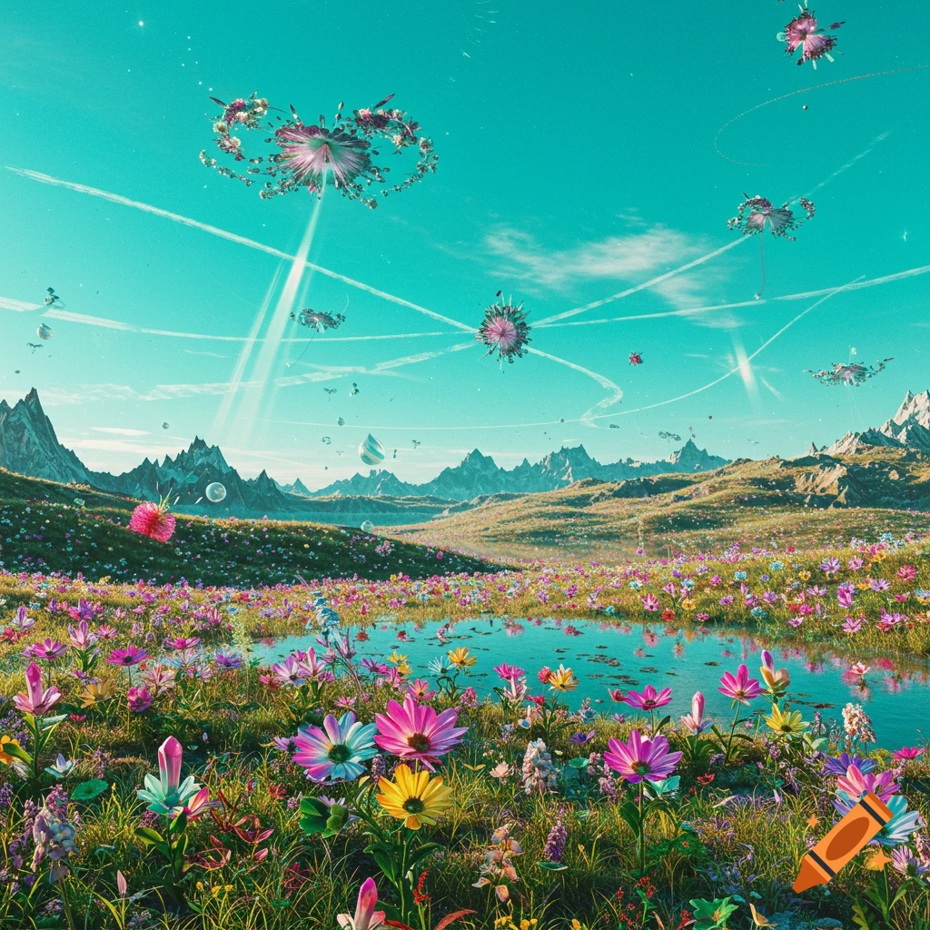 Vibrant psychedelic landscape with colorful flowers, a lake, distant mountains, and ornate floating floral structures under a bright cyan sky.