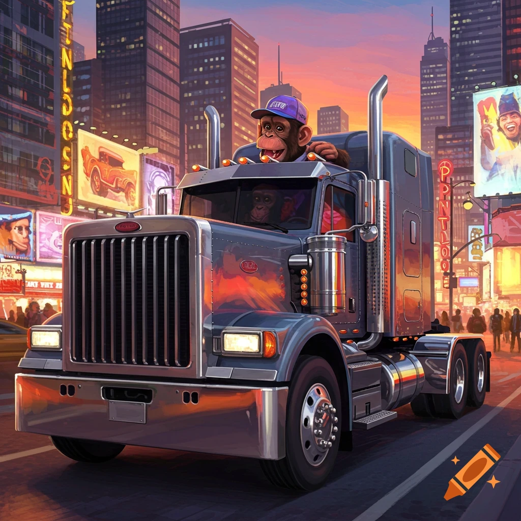 A cartoon monkey in a purple cap drives a semi-truck down a busy city street at sunset, with bright billboards and tall buildings.