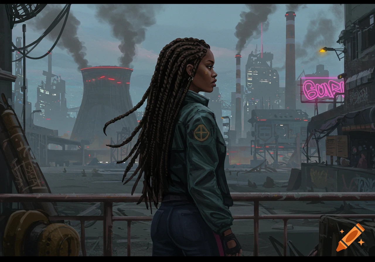 A black woman with long braids stands in a dystopian industrial city with smokestacks and neon signs, digital art.