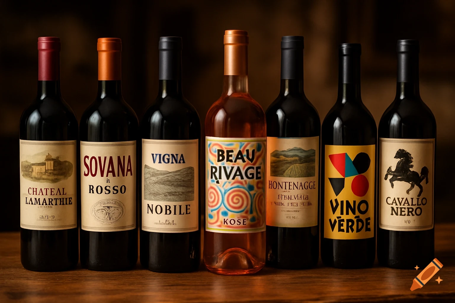 A close-up photograph of seven assorted wine bottles with different labels, caps, and liquid colors, standing on a wooden surface.