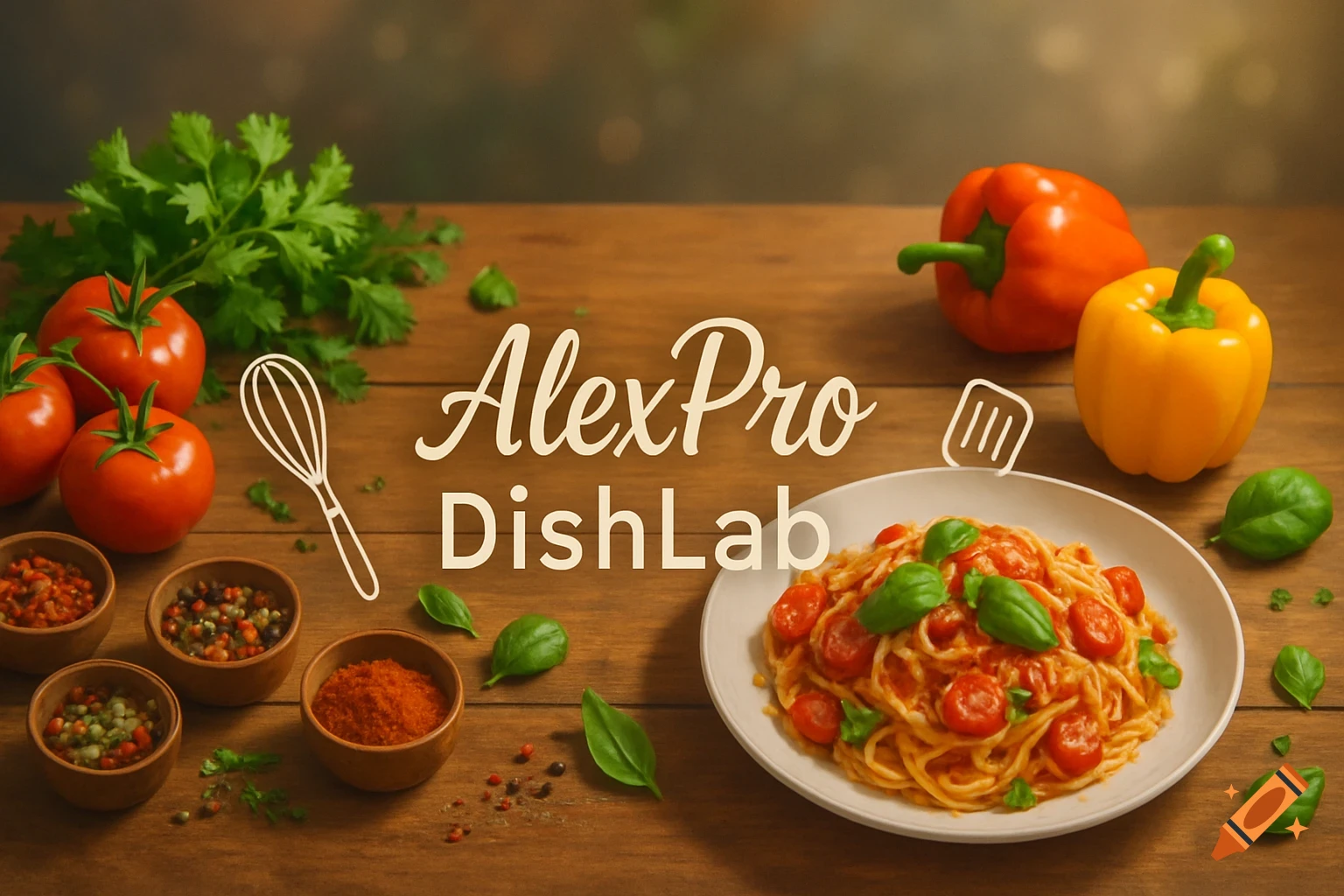 Overhead shot of spaghetti with tomatoes and basil, vegetables, and spices on a wooden table, with 'AlexPro DishLab' text overlay.