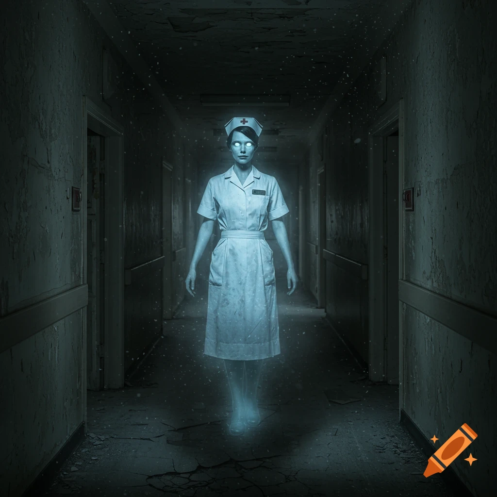 A glowing, spectral nurse ghost stands in a dark, dilapidated hospital hallway.