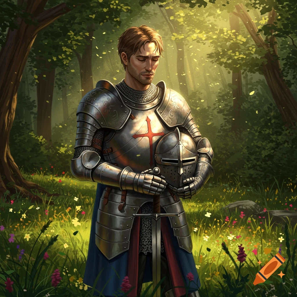 A knight in shining armor with a red cross on his chest stands in a sunlit forest, holding his helmet and sword, looking down somberly.