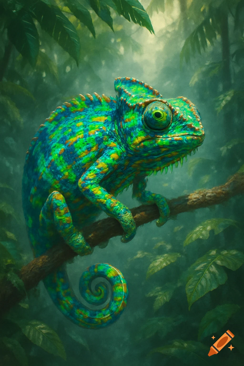 A vibrant blue and green chameleon with orange and yellow spots on a tree branch in a lush, misty jungle.