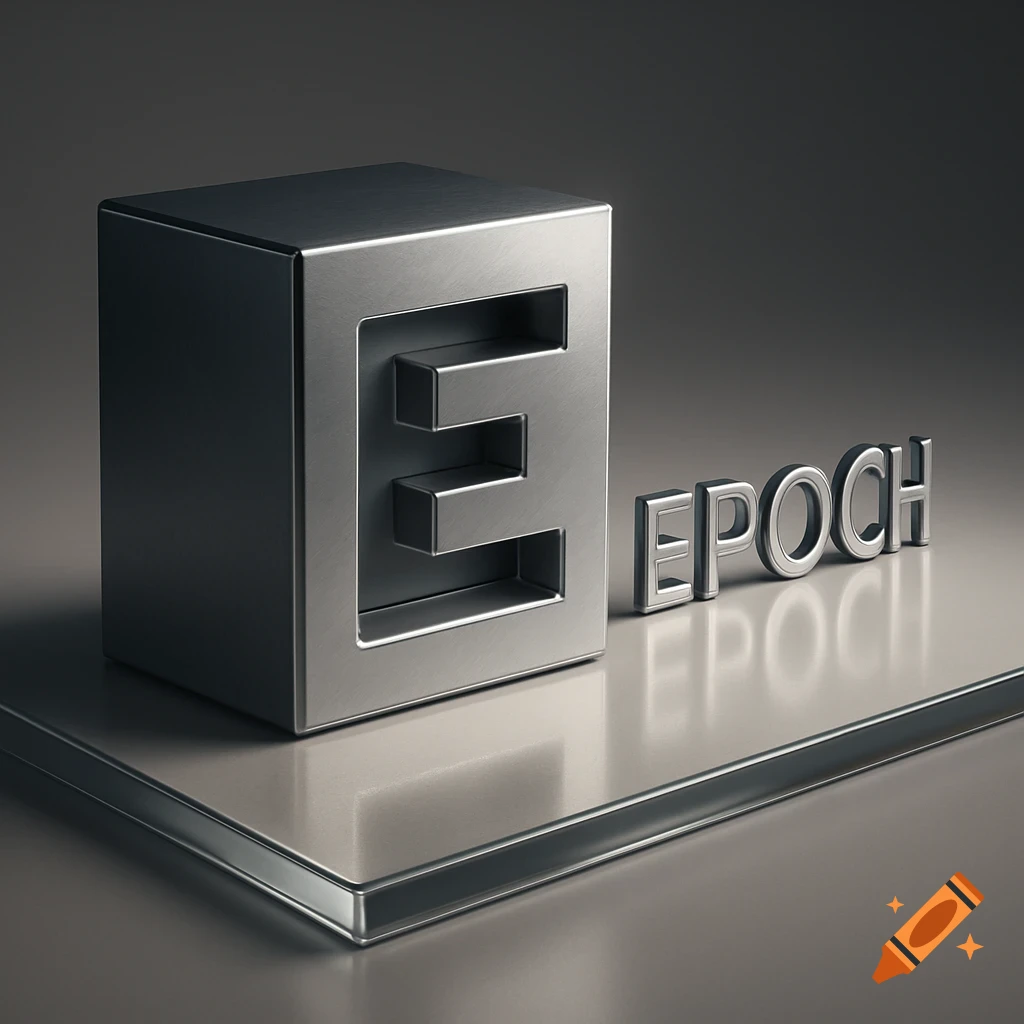 A shiny metallic 3D cube with a cutout 'E' beside the word 'EPOCH' on a reflective surface.