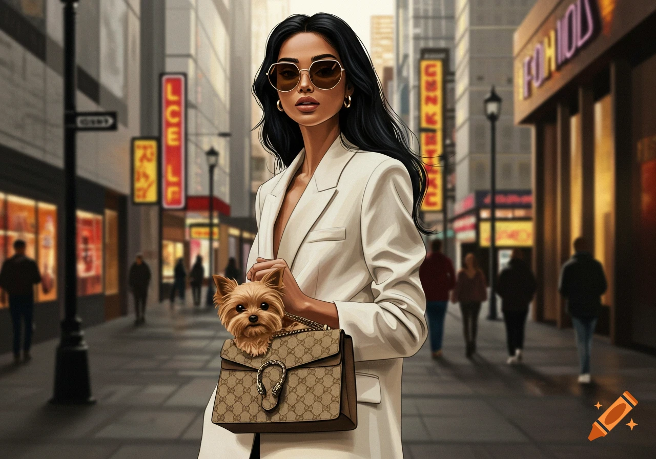 A stylish woman in a white blazer and sunglasses holds a Gucci bag with a small Yorkshire Terrier dog inside, walking on a city street.